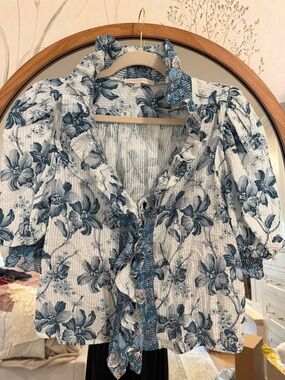 Blue Floral Ruffle Front Women's Blouse